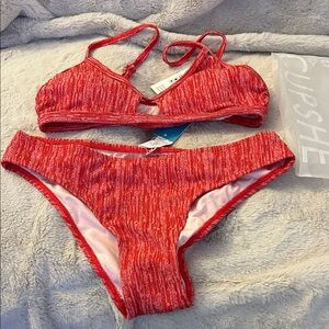 New With Tags Cupshe Vibrant Red Textured Bikini Set